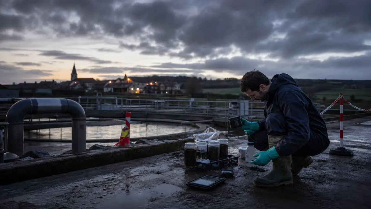 Photographie de reportage illustrant une zone industrielle et des traces de boues sombres