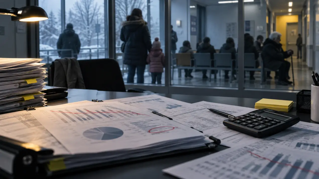 Couloir désert d'un service public, éclairé par une lumière froide
