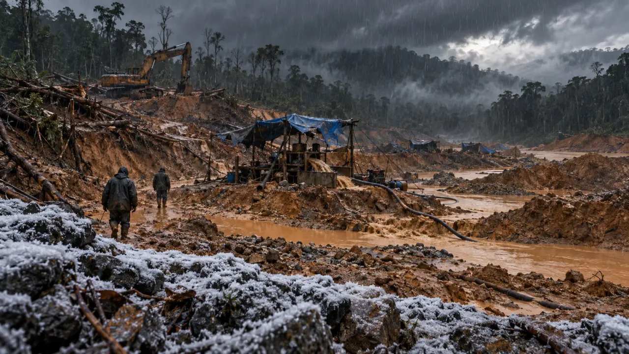 Paysage minier dégradé sous un ciel lourd, avec des traces d'exploitation clandestine