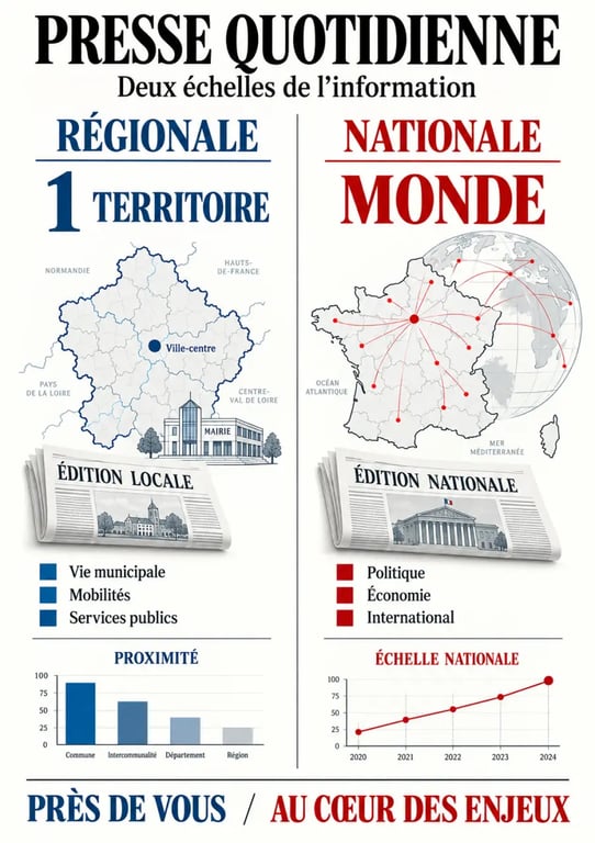 Différence entre la presse quotidienne régionale et nationale présentée dans un visuel comparatif