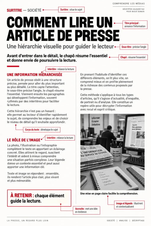 Schéma de titraille présentant le surtitre, le titre, le chapô, les intertitres, l’accroche et la légende
