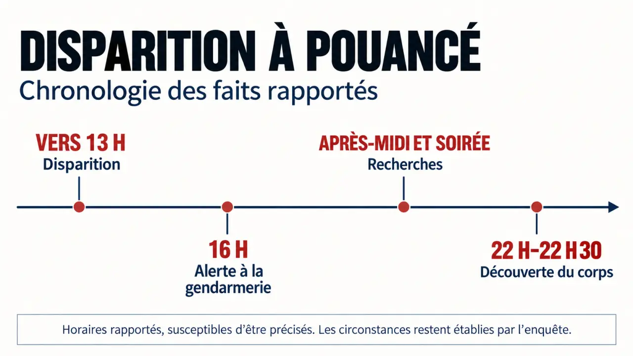 Infographie sur la chronologie de la disparition Pouancé et des recherches à l’étang Saint-Aubin
