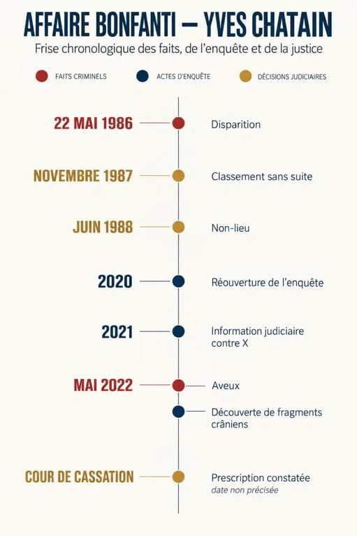 Frise chronologique de l’affaire Bonfanti Yves Chatain, de la disparition de Marie-Thérèse Bonfanti à la prescription