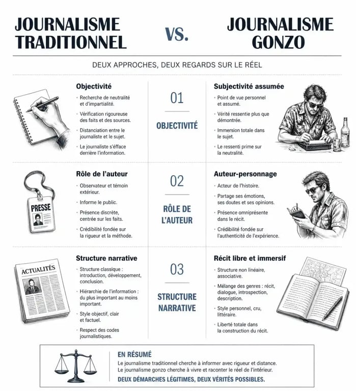 Infographie comparative entre journalisme traditionnel et journalisme gonzo