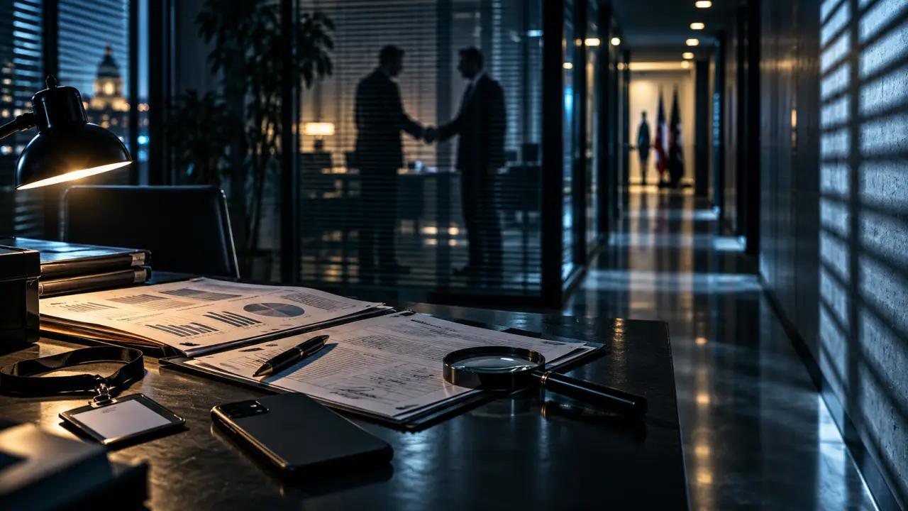 Documents administratifs confidentiels et loupe d'investigation sous une lumière tamisée