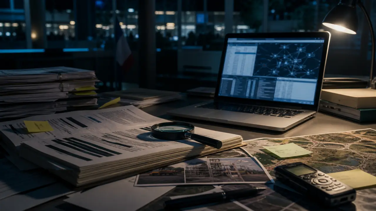 Photographie de reportage sur un chantier administratif ou industriel, ambiance sombre et documentaire