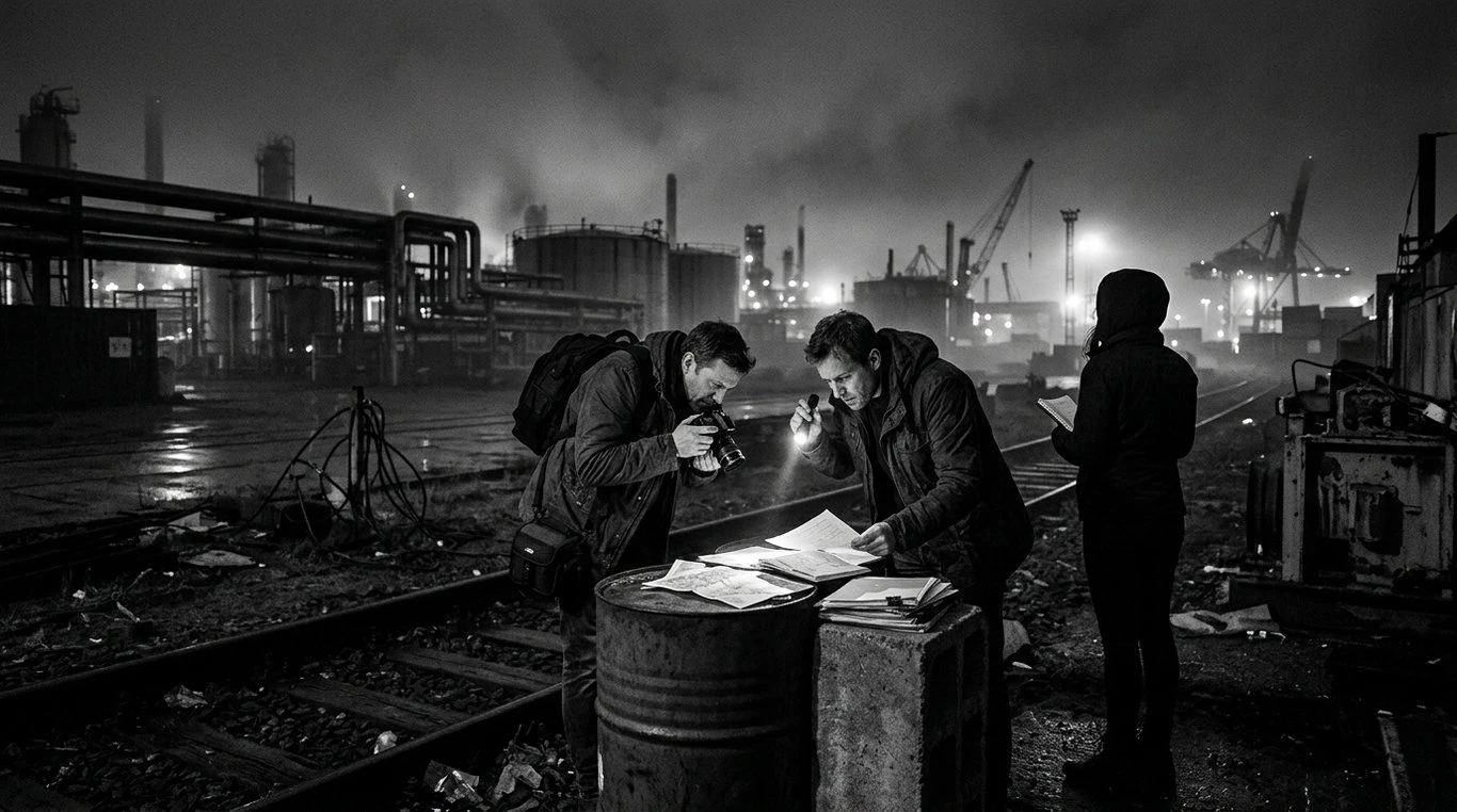 Photographie de reportage poignante, scène de terrain brute évoquant l'investigation