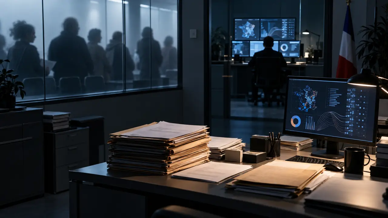 Écran informatique affichant des lignes de données dans un bureau administratif sombre