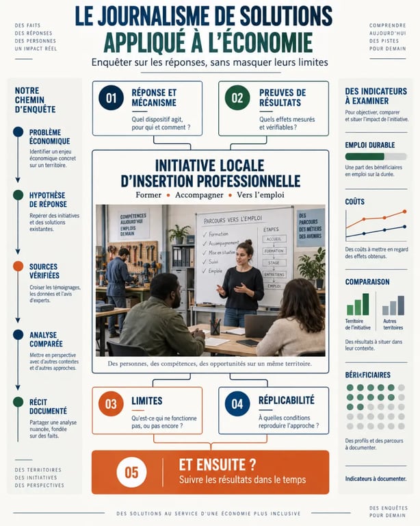 Infographie sur comment faire du journalisme de solutions applique a l economie avec les critères de vérification