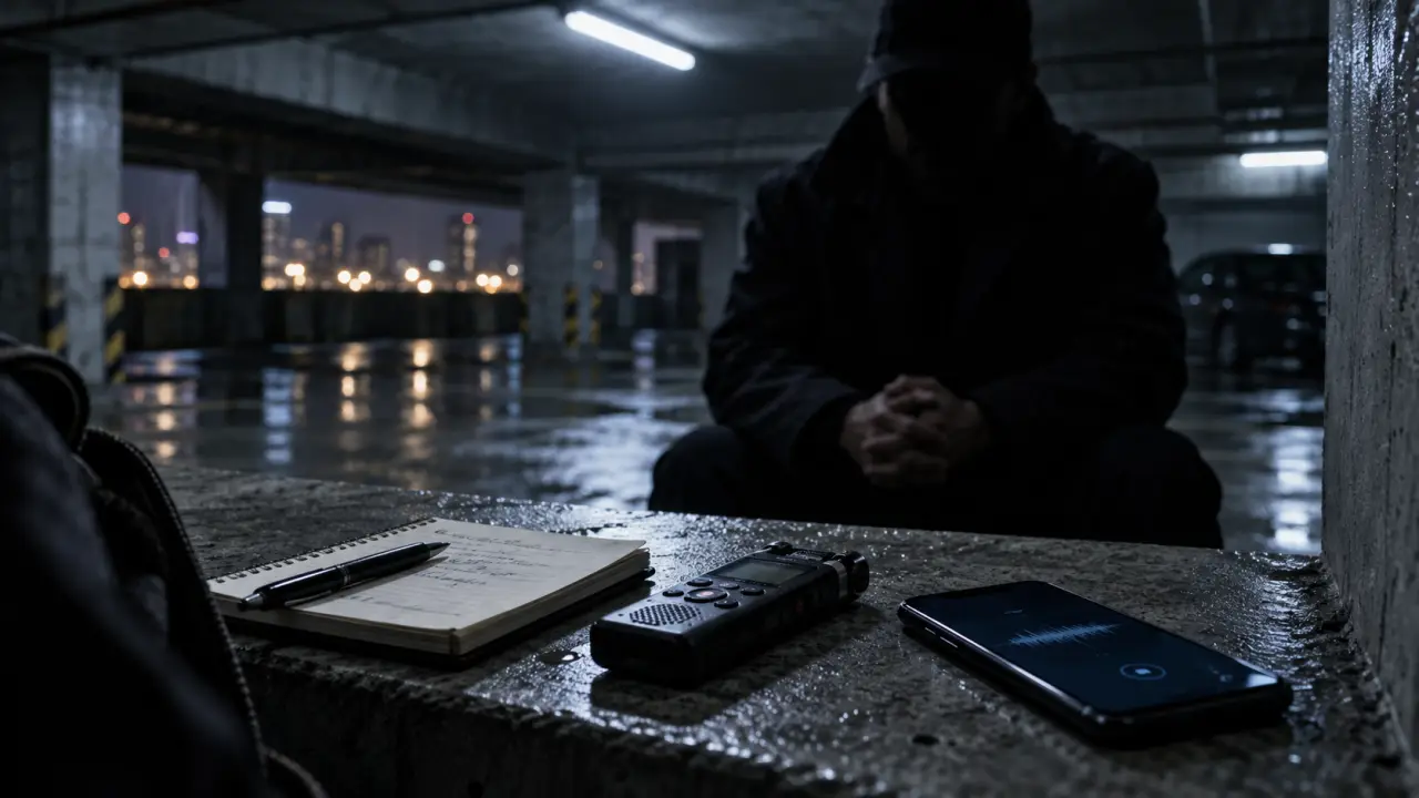 Carnet de notes et documents de travail sur une table, dans une lumière sombre