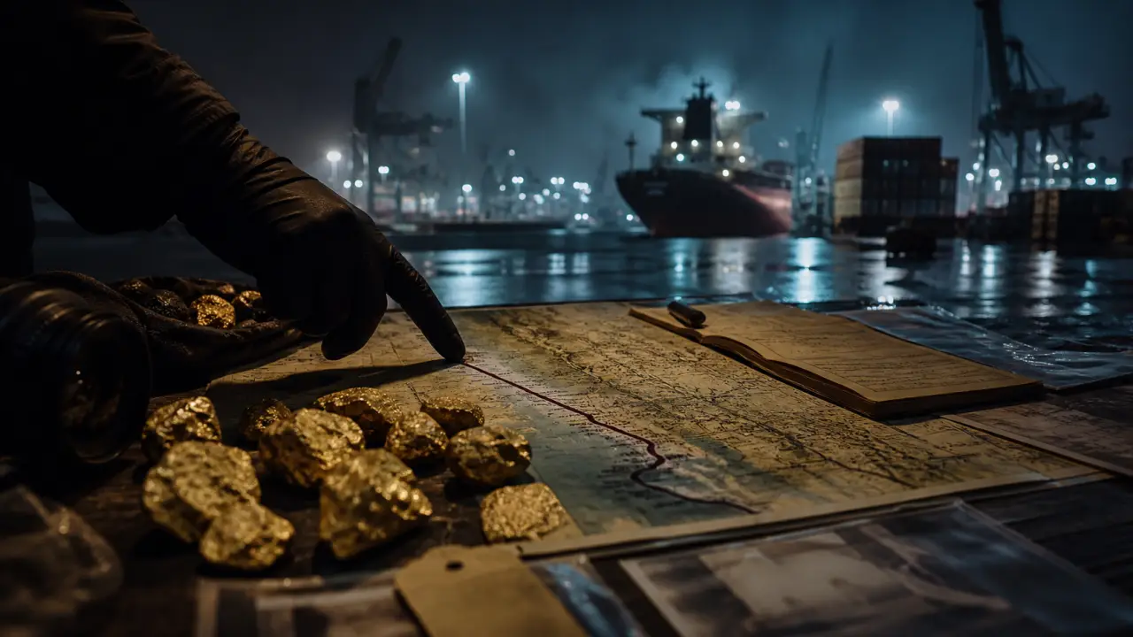 Photographie de reportage d'un port industriel à l'aube, ambiance dramatique et désaturée