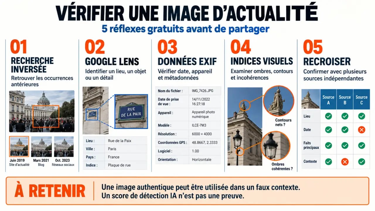 Infographie des outils gratuits pour vérifier si une image d’actualité est vraie