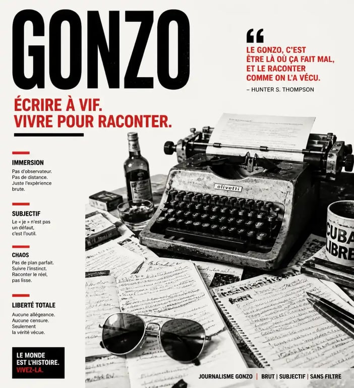 Illustration conceptuelle du journalisme gonzo avec machine à écrire et lunettes d'aviateur