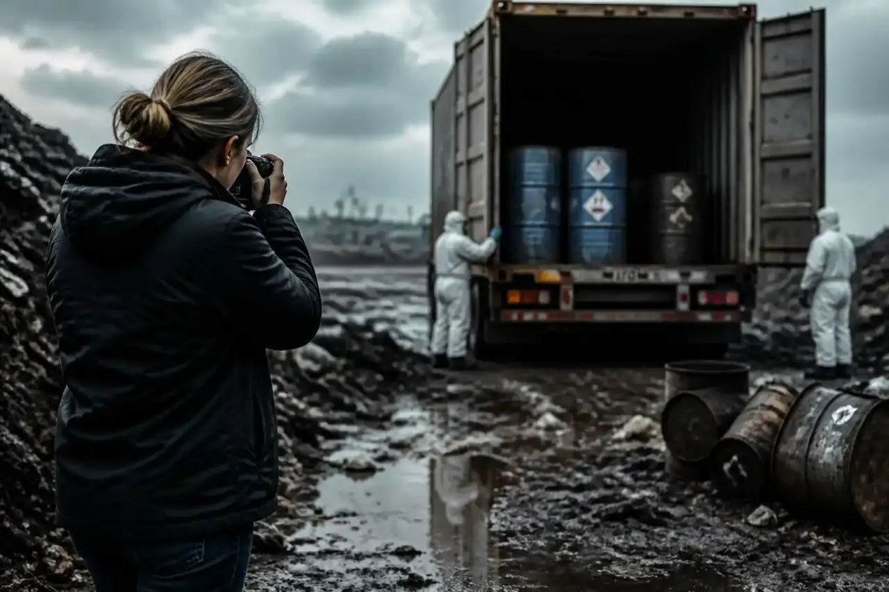 Scène de reportage sur fond industriel, illustrant une enquête sur des déchets toxiques