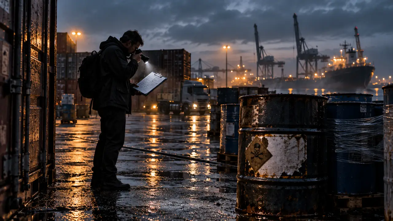 Site industriel brumeux où sont entreposés des conteneurs de déchets